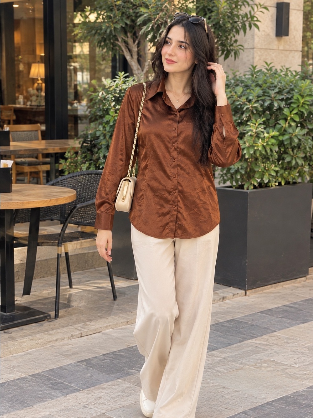 Women's Brown Satin Button-Up Shirt - Classic Long Sleeve Blouse
